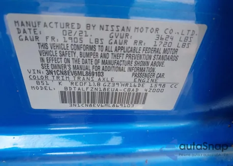 2021 Nissan Versa Sv Xtronic Cvt from USA, damaged, VIN 3N1CN8EV6ML869103